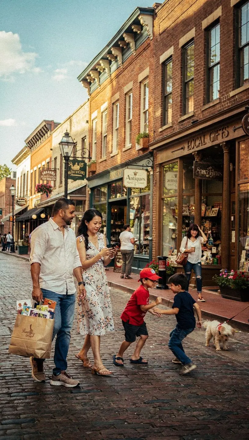 Grupa turystów korzystających z dostępnych udogodnień w mieście, zwiedzających lokalne atrakcje.