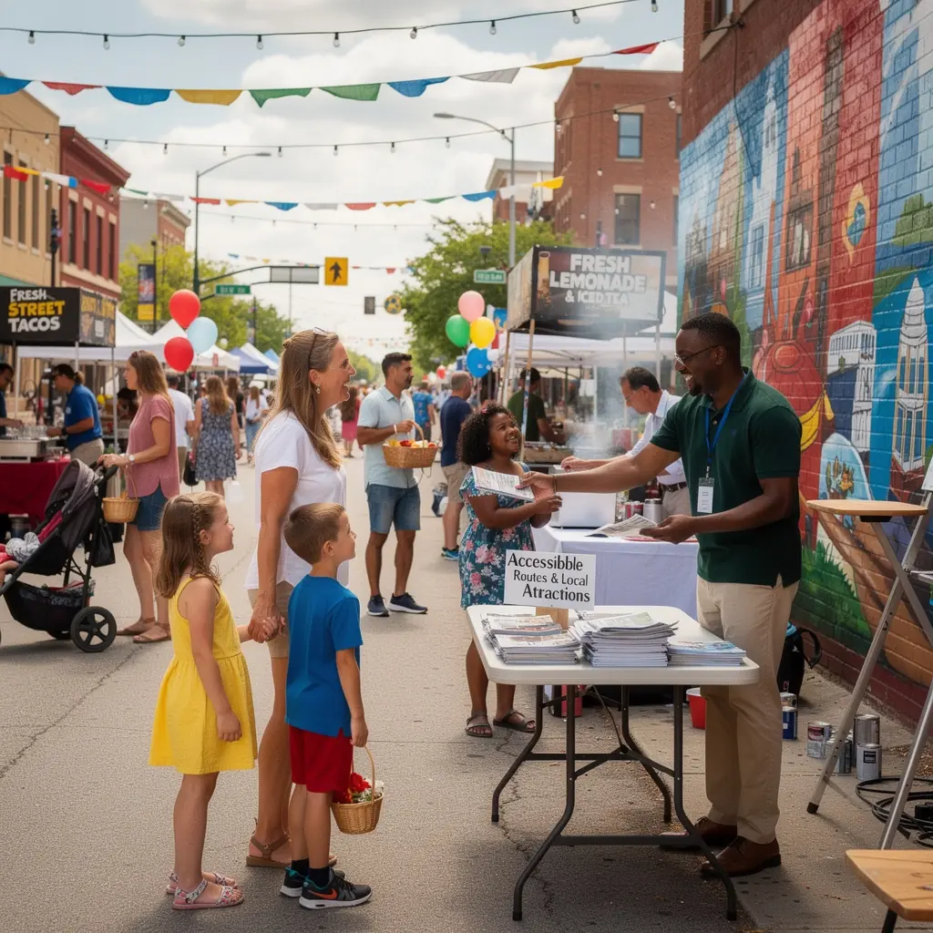 Mapa z zaznaczonymi trasami przyjaznymi rodzinom, z informacjami o dostępności atrakcji.