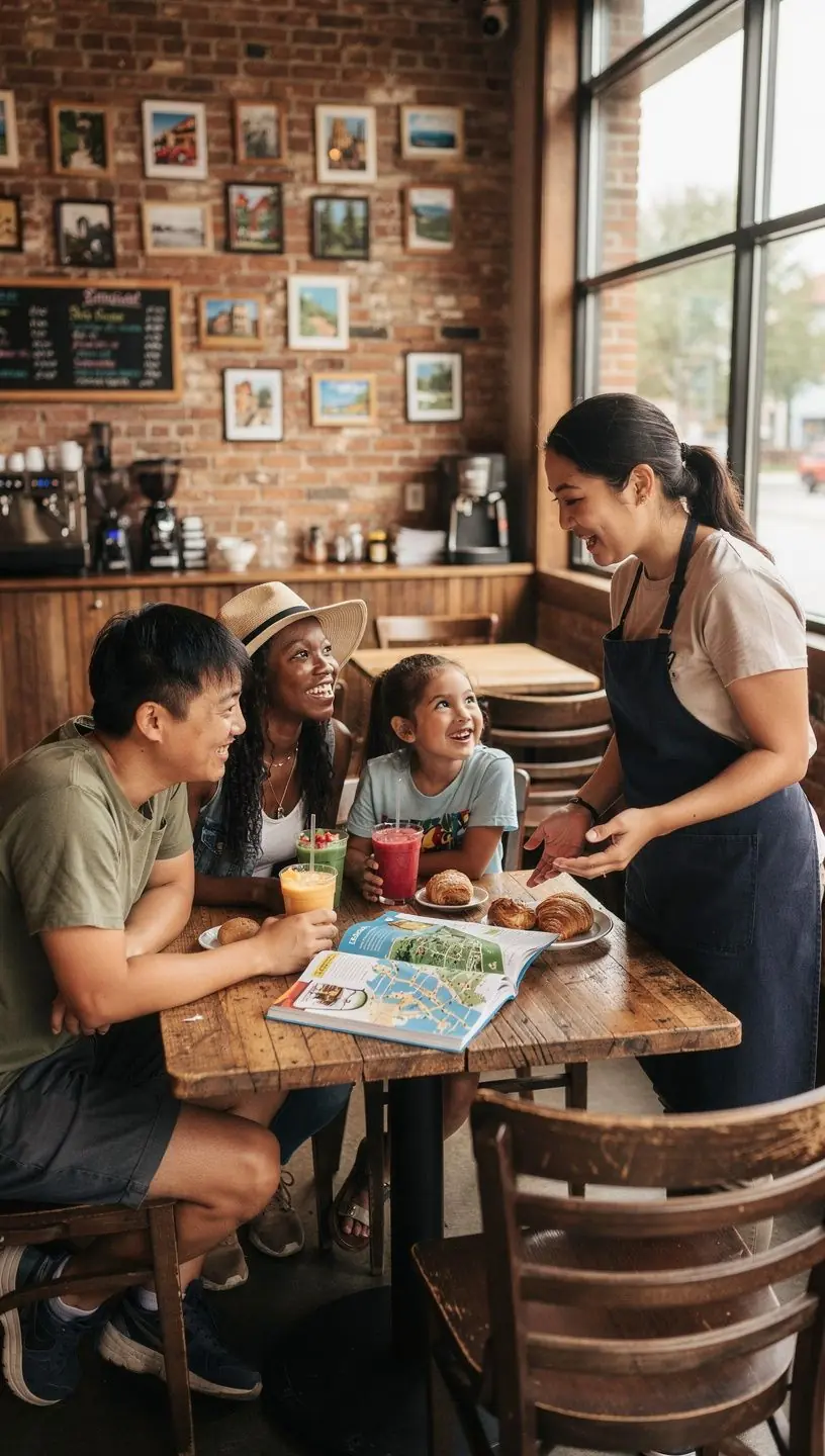 Mapa przedstawiająca dostępne trasy wycieczek w mieście, z oznaczeniem miejsc przyjaznych rodzinom.